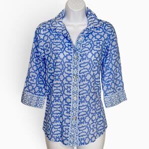 Gretchen Scott Blue Button Front Blouse XS Coastal Preppy Cotton 3/4 Sleeve